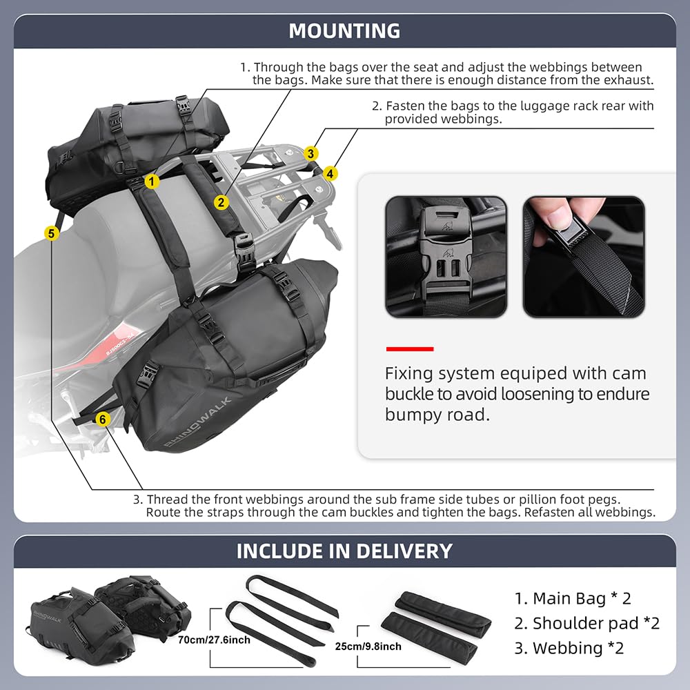 Rhinowalk Alforja impermeable para sillín de motocicleta, bolsa trasera PVC, cierre enrollable, 18 L