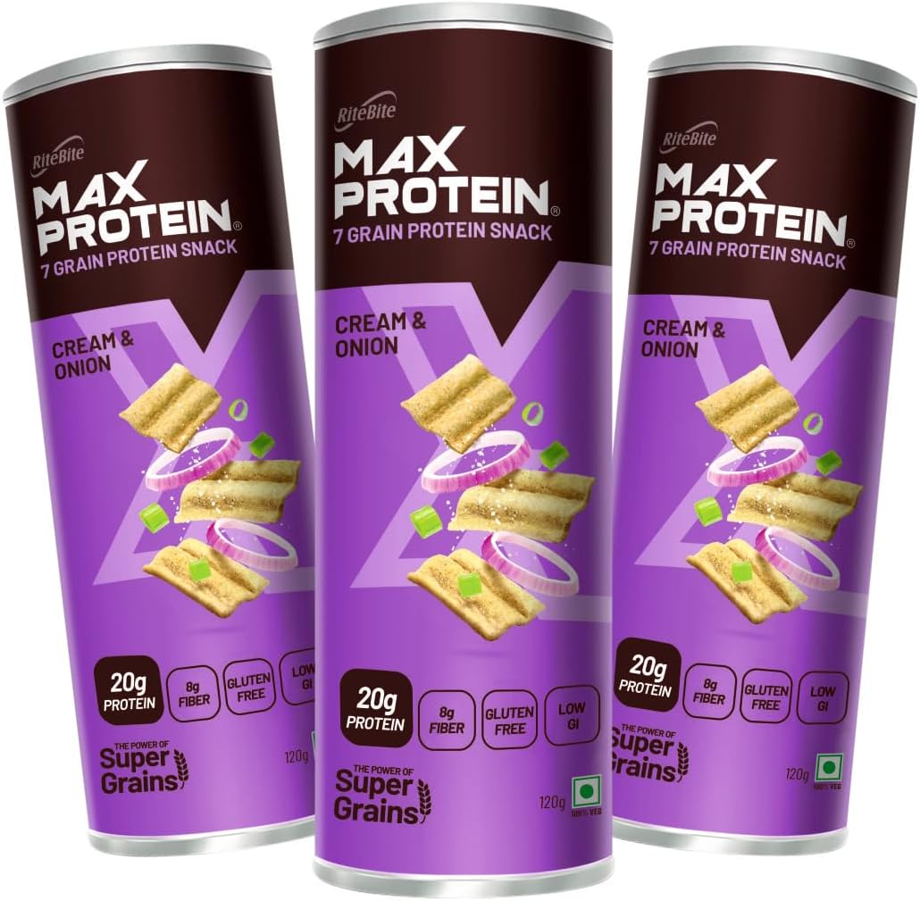 RiteBite Max Protein Cream & Onion Protein Chips With 20G Protein, 8G Fiber | Gluten Free, Low Gi, No Cholesterol & Trans Fat 7 Grain Protein Snack, 120G (Pack Of 3), 360 Gram