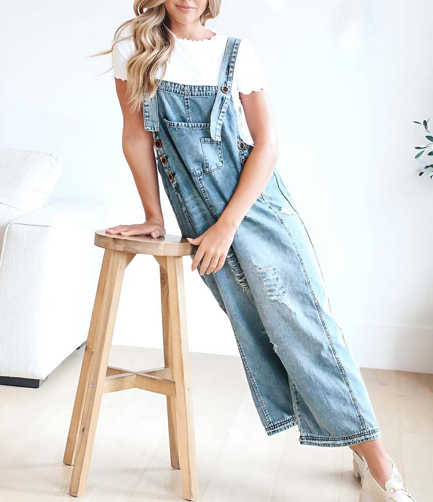 Generico Salopette in denim con bretelle regolabili larghe da donna, salopette in jeans, tuta larga a gamba larga usurata
