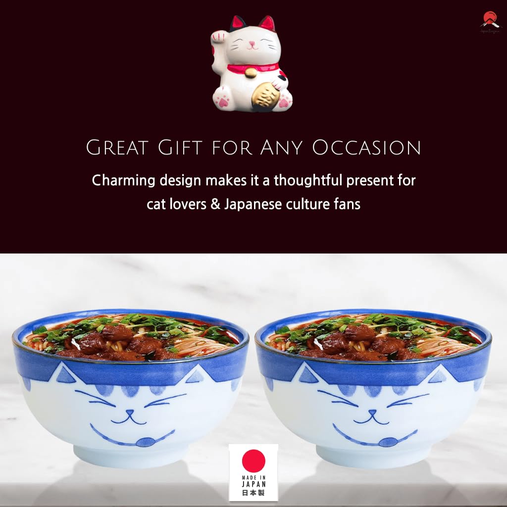 JapanBargain, Bol japonais en porcelaine - Bol à soupe - Bol à ramen fabriqué au Japon - Motif chat souriant Maneki Neko - 12,7 cm (4, bleu)