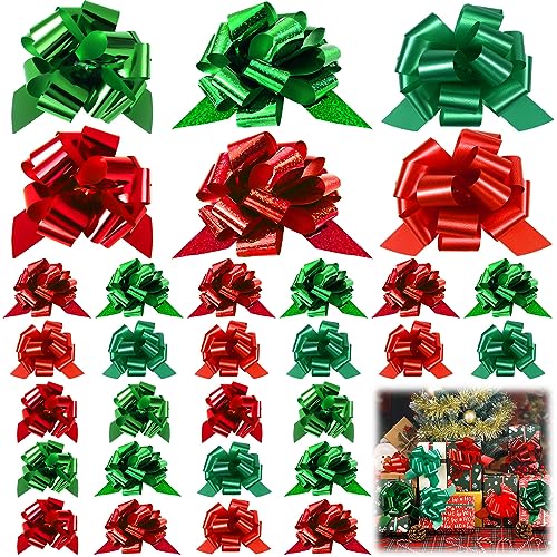 Tigeen 100 Pieces Christmas Wrap Pull Bows 5 Inch Gift Bows with Ribbon Wrapping Accessory Present Christmas Wrapping Bows for Holiday Baskets Box Decoration (Red, Green)