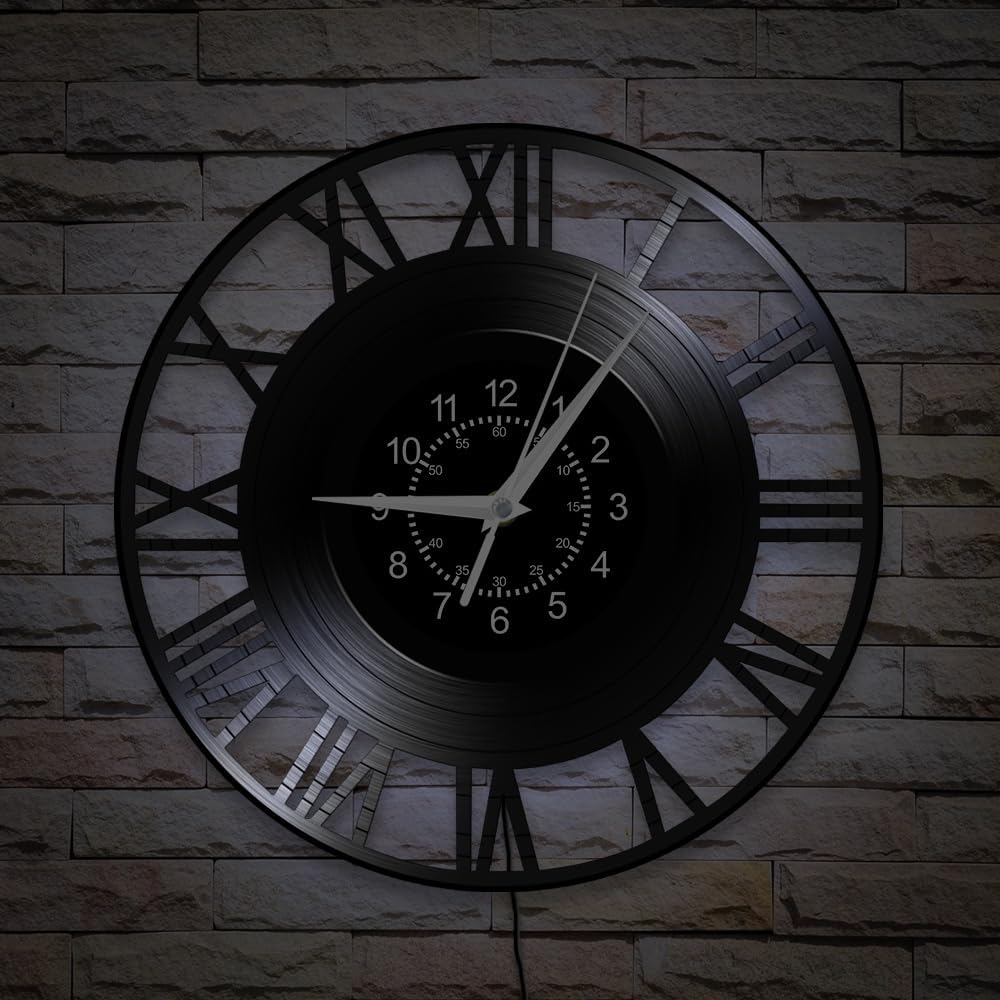 Roman Numerals Wall Clock, 7 Colors Luminous 12 Inch Night Light Wall Lamp Clock, Silent Quartz Non Ticking Modern Decorative Vinyl Record Wall Clock Watch for Living Room Bedroom Office