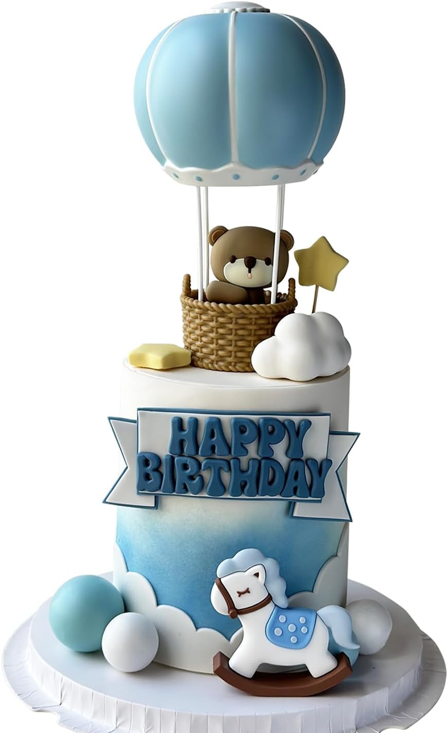 Bear Cake Topper Set for Birthday – Looking-Back Bear with Bow, Blue Hot Air Balloon with Basket, Blue Rocking Horse, White Cloud, Yellow Stars, Foam Balls – Whimsical and Cute Cake Decorations