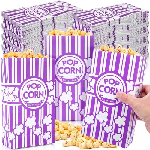 Image of Leinuosen 500 Pcs Paper Popcorn Bags Bulk 2 oz Large Flat Bottom Boxes Disposable Container Sleeve Movie Night Popcorn Bucket for Retro Movie Themed Party Carnival Supplies (Purple)