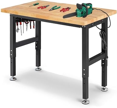 ENJOYWOOD 48" Heavy Duty Workbench for Garage, Adjustable Height Work Table with Rubberwood Top, Pegboard & Power Outlets for Workshop, Home, Office