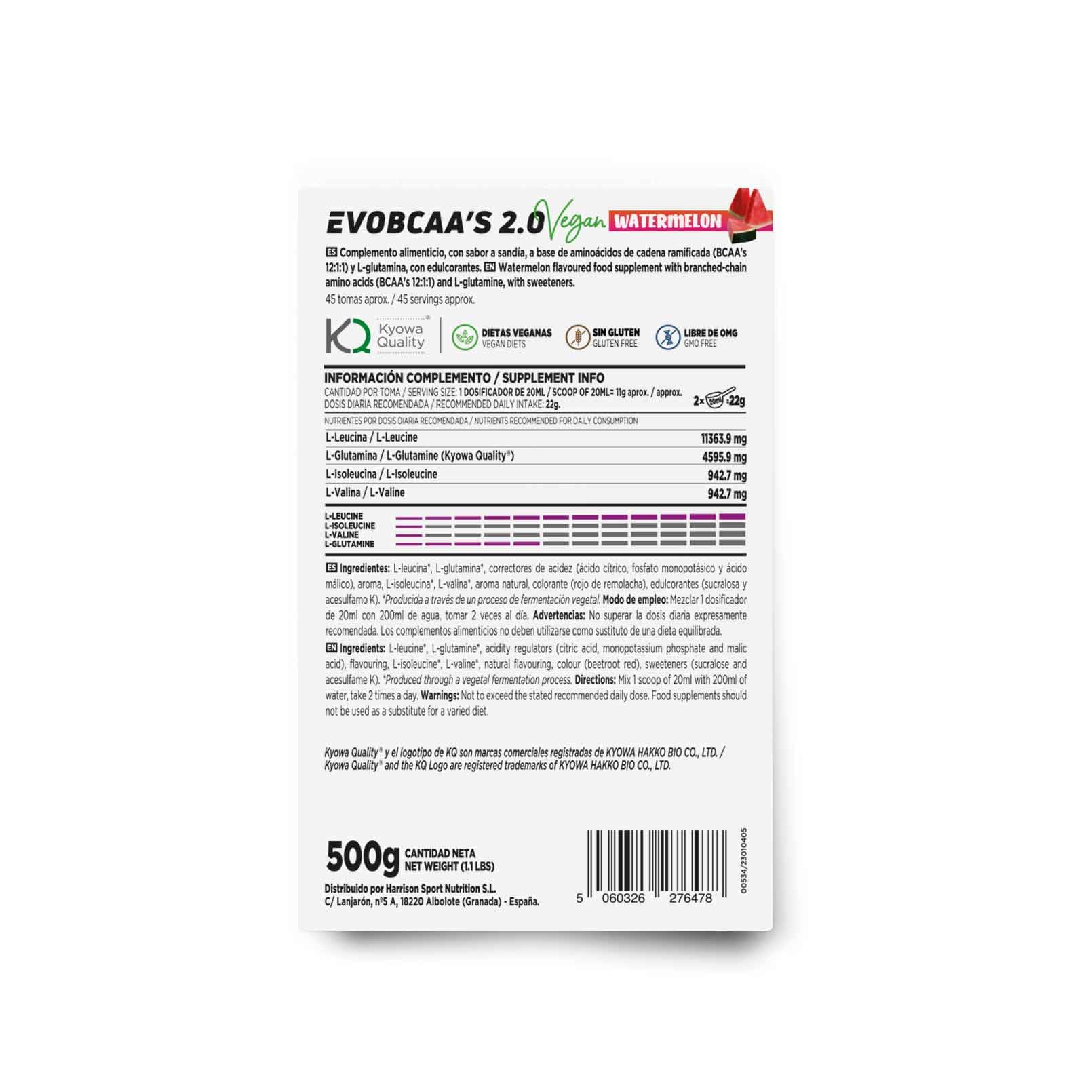 HSN BCAA con Glutamina Evobcaa's 2.0 | Sandía 500g | Aminoácidos Ramificados Ratio 12:1:1 (Leucina + Valina + Isoleucina) | No Incluye Dosificador | No-GMO, Vegano, Sin Gluten - 2