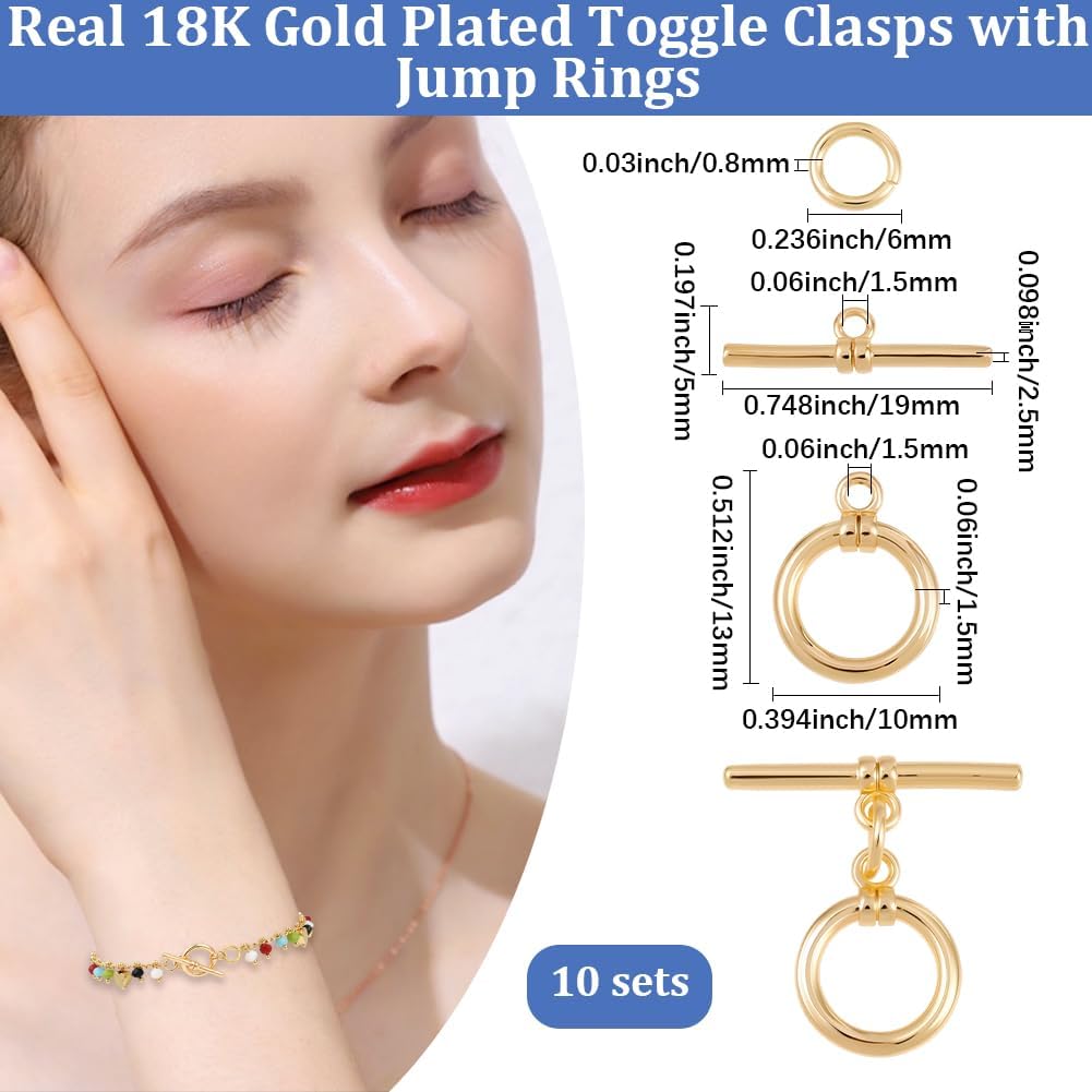 Beebeecraft 1 Box 10 Sets T Bar Jewelry Clasp Real 18K Gold Plated Brass Metal Connectors Toggle Round Snap Clasp Findings with Open Jump Rings for Jewelry Making Necklace Bracelet Earrings DIY Craft - Image 2