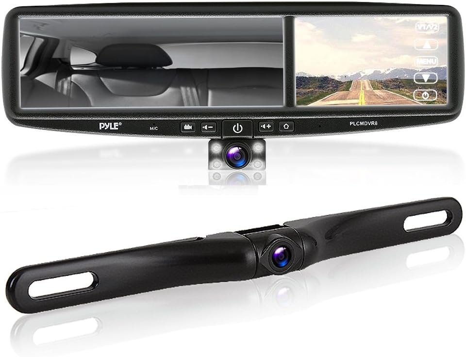 Pyle PLCMDVR8 HD Vehicle Backup System - 4.2" DVR Dual Camera Rearview Mirror Video Recording, Waterproof Night Vision Cam, 1080p