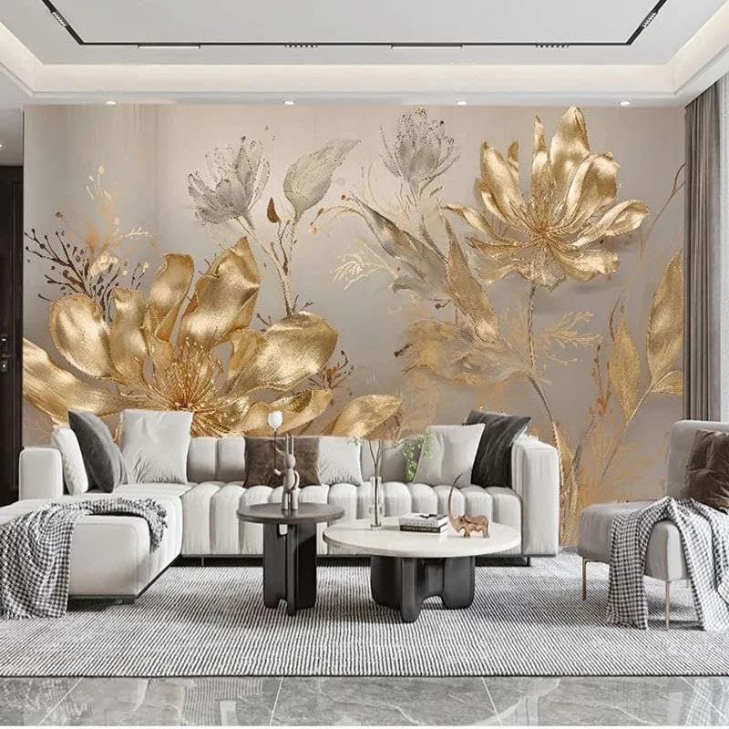 Papier peint 3D fleurs d'or en PVC premium pour fond de mur de luxe