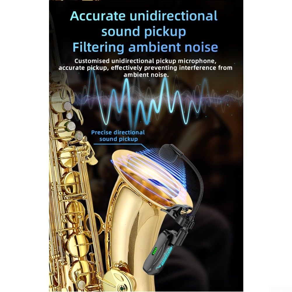 Sistema microfono per sassofono senza fili con audio HD 48 K/16 bit, portata 40 m e latenza 12 ms, microfono clip on ricaricabile per sassofono e tromba