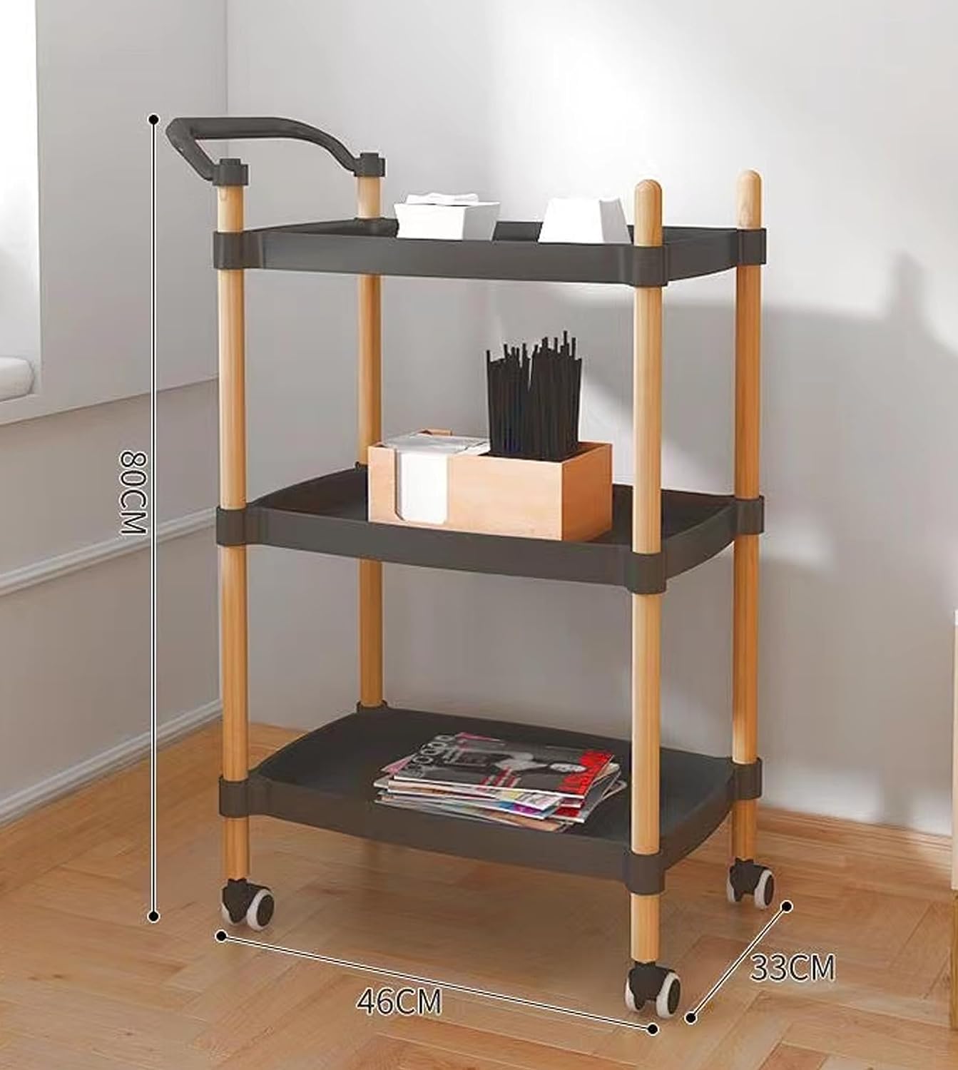 Carrito rodante de 3 niveles con ruedas, para cocina, manualidades, almacenamiento de arte, color negro
