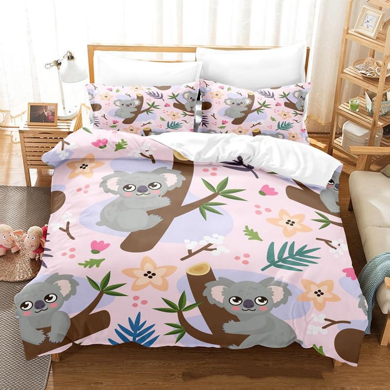 Parure de lit koala rose anti-plis housse de couette 140x190 pour lit enfant