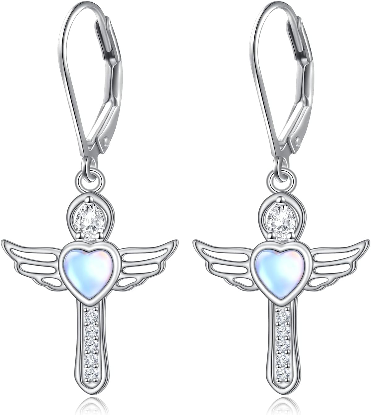 925 Sterling Silver Angel Wings Moonstone Dangle Drop Earrings for Women Cross Earring Jewelry Gifts for Birthday Anniversary