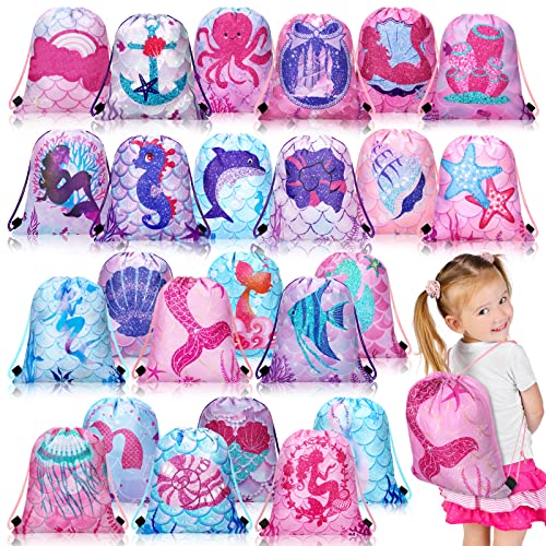 Catálogo de Pack de artículos para fiestas - solo los mejores. 47 Shappy - 24 Bolsas de Regalo de Fiesta con Cordón para Niños, Regalo de Cumpleaños, Niños, Suministros para Niñas, Azul, Morado, Rosa, 24 Count (Pack of 1), Sirena