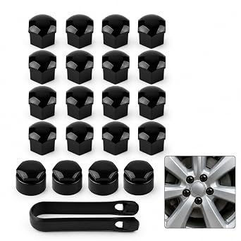 20PCS 17mm Gloss Black Wheel Nut Covers, 16 Standard + 4 Locking Car Bolt Caps with Removal Tool, Universal Push Fit Protection for Most Vehicles