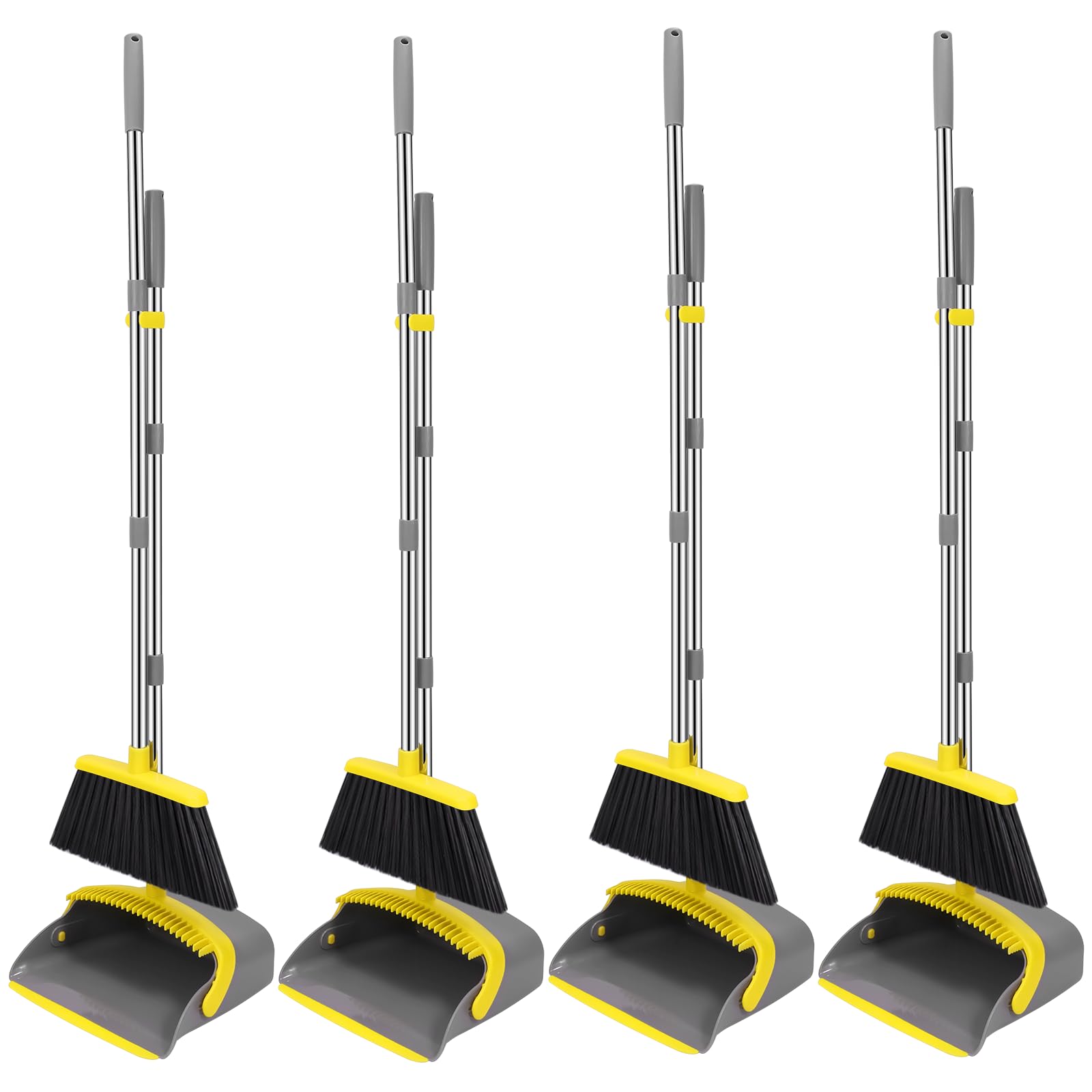 NACENA Broom and Dustpan Set, 52-in Long Adjustable Handle Broom Dustpan Combo with Dustpan Teeth to Automatically Clean Hair Suitable for Home Kitchen Office Hall Floor (Grey&amp;Yellow), 4 Pack