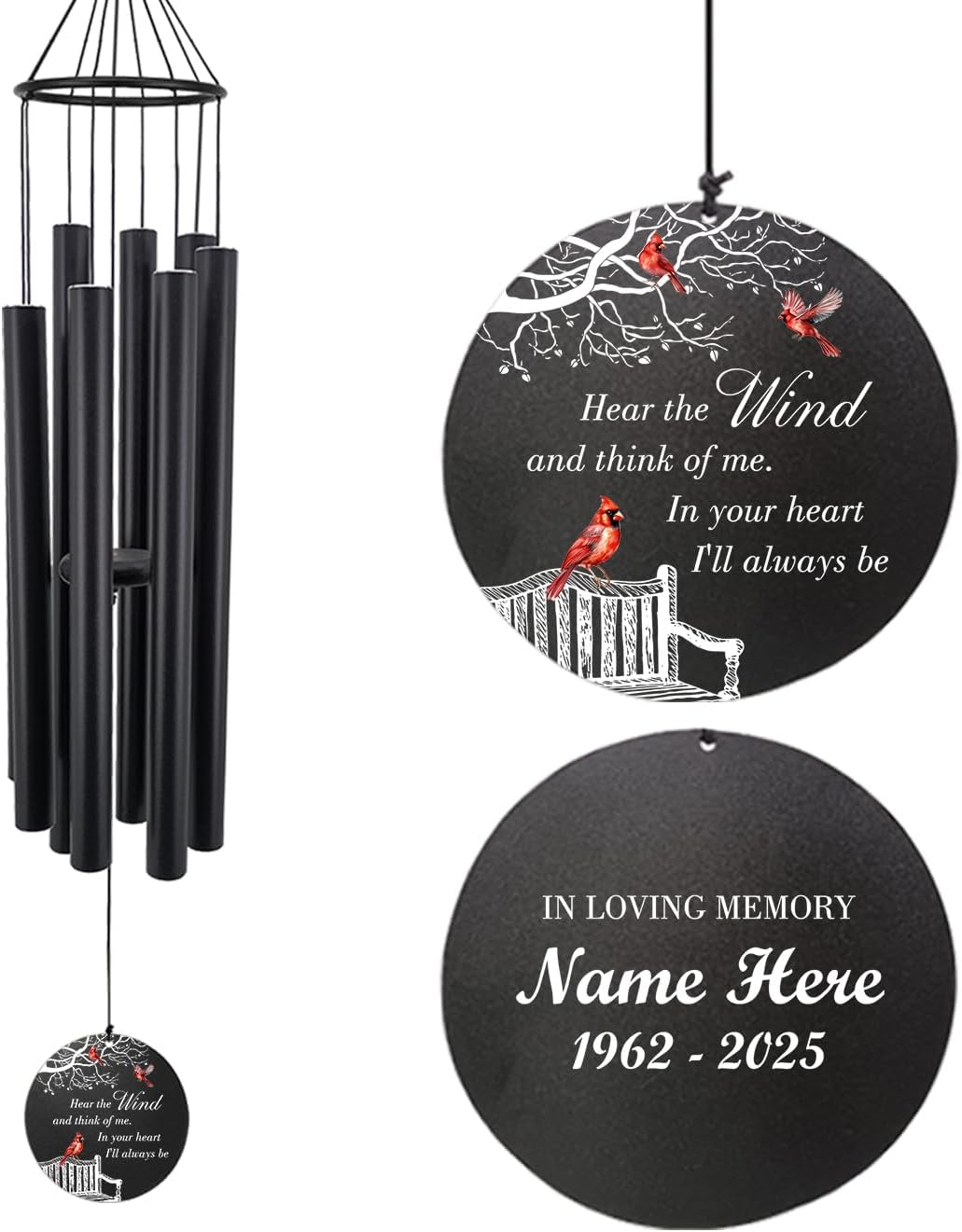 Personalized Wind Chimes, Memorial Gifts, Cardinal Wind Chime for Loss of Loved Dad/Mom, in Memory of Husband/Wife, 36inch Deep Tone Wind Chimes for Condolences (Produced in USA)
