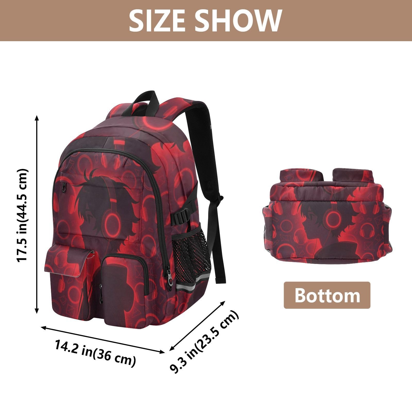 Zaini da viaggio per computer portatile, con motivo anime, con cuffie, colore rosso, 44,5 cm