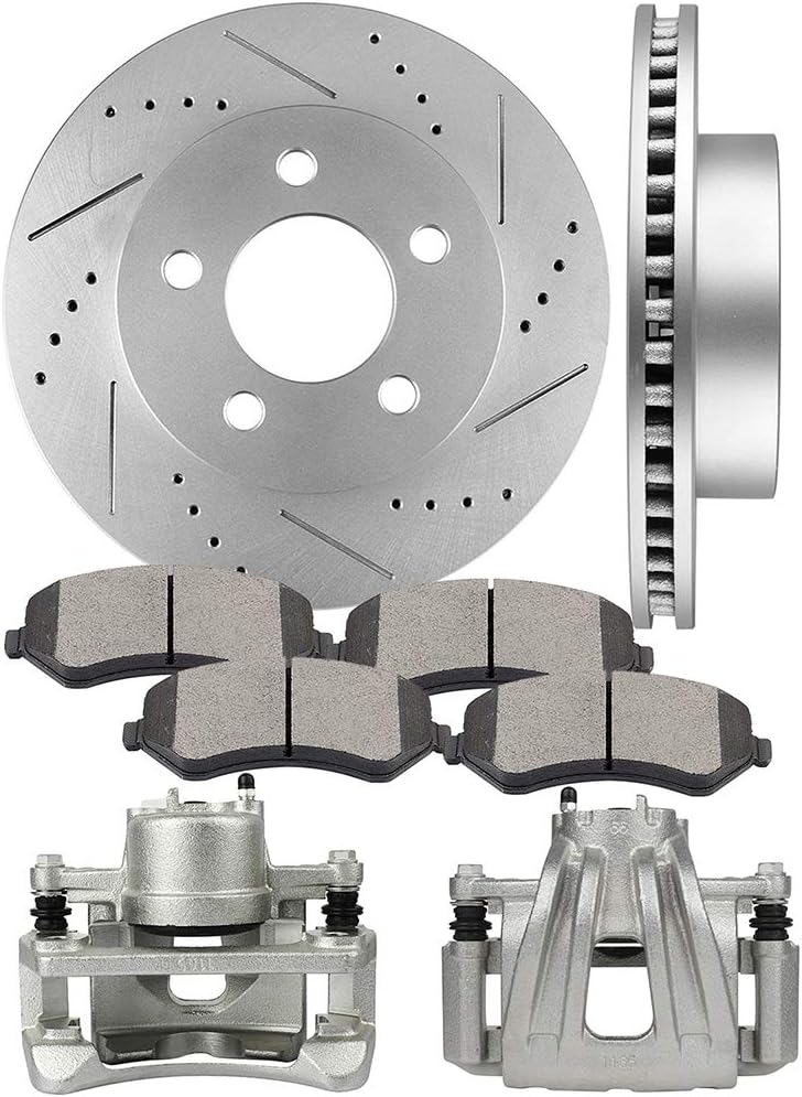 INEEDUP Front Left & Right Disc Brake Kit - 11.35"" Drilled & Slotted Brake Rotors and Calipers with Bracket and Ceramic Pads For Jeep Liberty 2002-2007 (8PCS), 835562-5208-1005387593