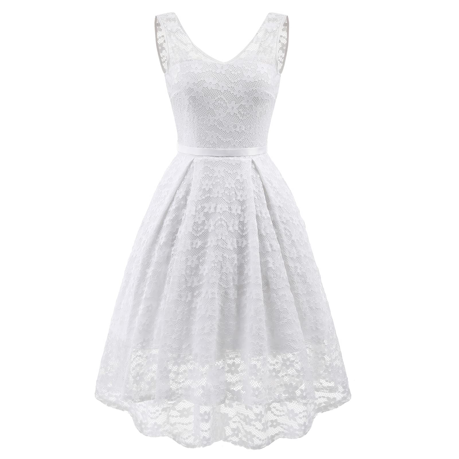 Vestido sexy de gasa de encaje sin mangas vestido de noche con cuello en V para mujer, vestido casual de fiesta de cóctel, bola de boda, color blanco-XL