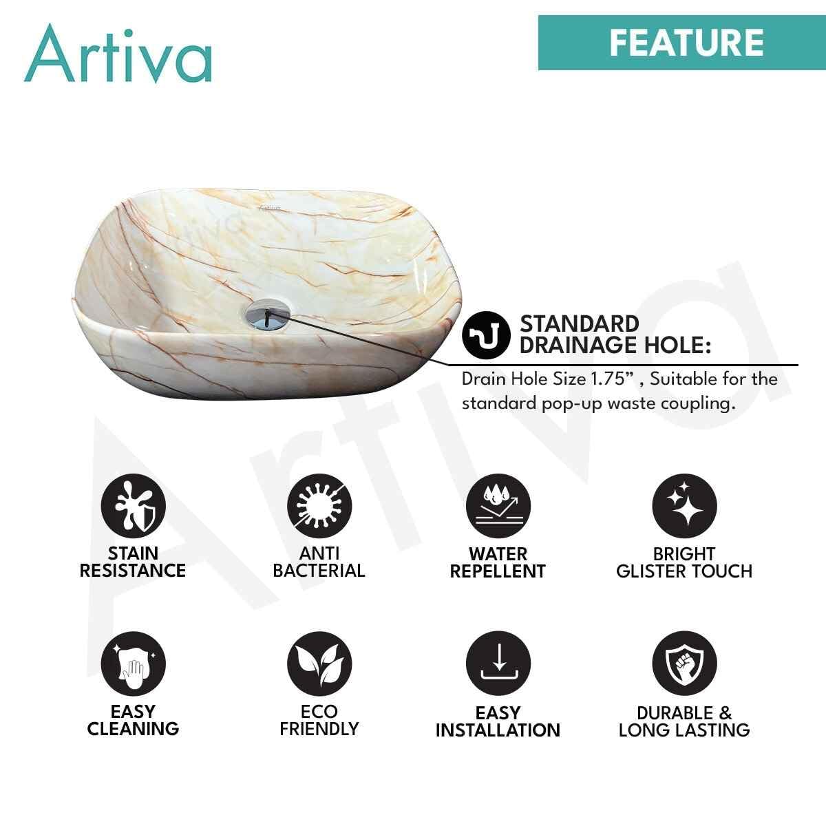 Artiva Glossy Designer Ceramic Bathroom Sink | Counter Top Wash Basin For Living Room | Rectangular Kitchen Sink | Small Size (Marbo Beige 10x14 Inch) 3