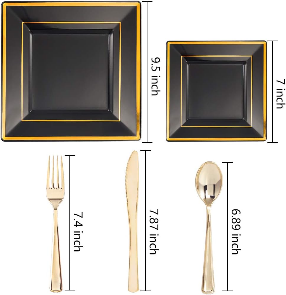 WDF 125Pieces Black Square Plastic Plates with Gold Rim Gold Disposable Silverware - include 25Pcs Dinner Plates,25Pcs Dessert Plates,25 Forks, 25 Knives, 25 Spoons for New Year - Image 2