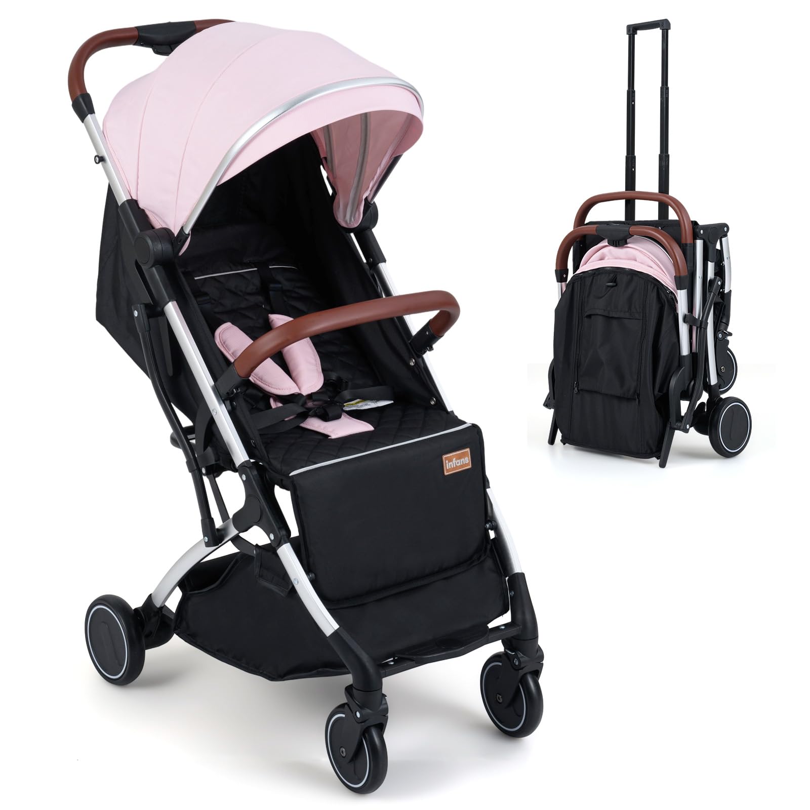INFANS Travel Stroller, Lightweight Compact Baby Stroller for Airplane with One-Hand Fold, Multi-Position Recline, Canopy, 4 Wheel Suspension, Storage Basket (Pink+Silver) - 1
