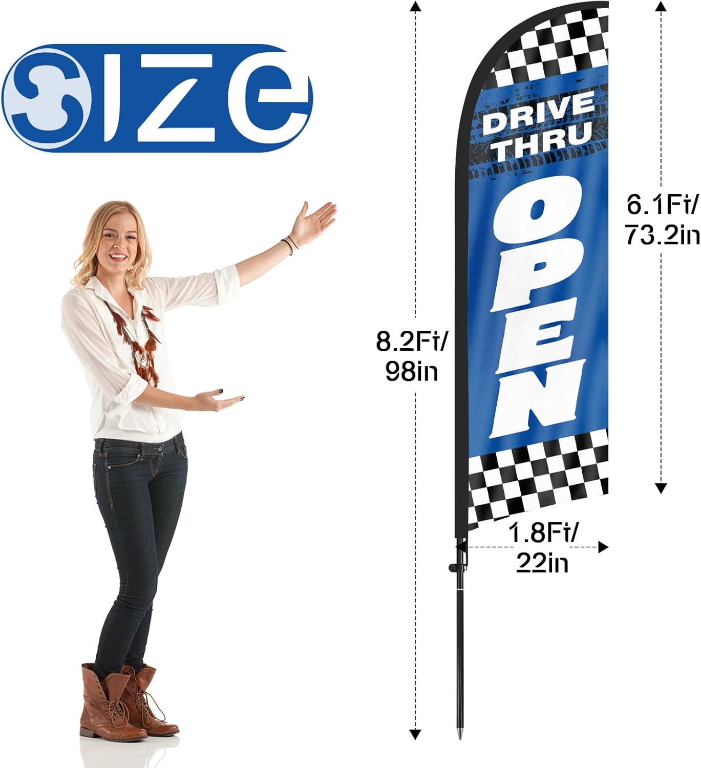 Drive Thru Open Restaurant Feather Flag Banner, 8.2ft x 1.8ft Multi-colored Swooper Flag with Pole, Ground Stake and Carry Bag for Commercial Use