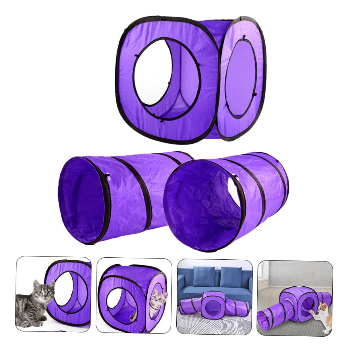 Happyyami Jouet Tunnel pour Chaton Pliable 3 Pièces en Polyester et Acier