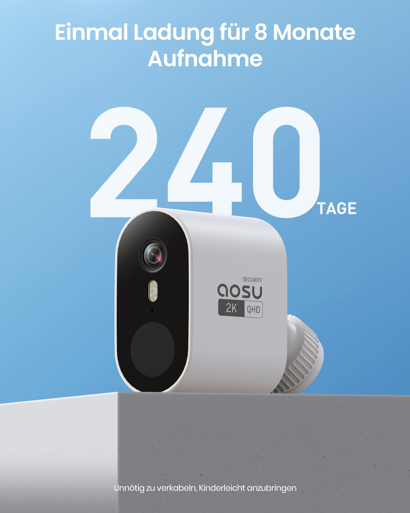 aosu 2K Überwachungskamera Aussen Akku 240 Tage 4-Kit + aosuBase 32GB Lokal | Kabellose Kamera Überwachug Aussen Batterie Person Bewegungssensor Licht- & Tonalarm 2-Wege-Audio Farb-Nachtsicht