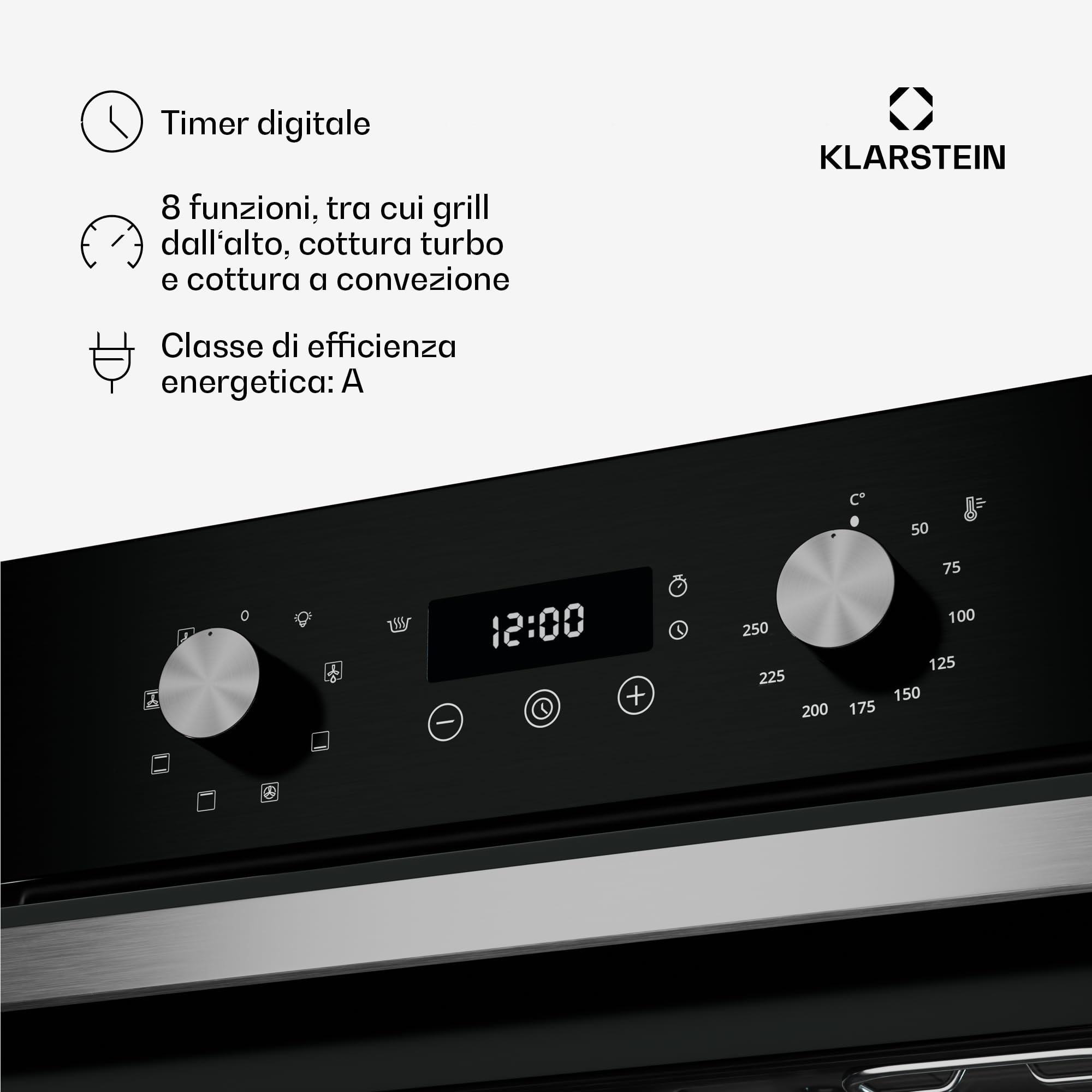 Klarstein SpaceSmart - Forno da Incasso, 41L, 8 Funzioni, Pulizia a Vapore, Timer Digitale, Forno Elettrico Ventilato, Sportello a Doppio Vetro Rimovibile, Classe Energetica A, Design Compatto