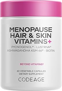 Codeage Menopause Hair & Skin Vitamins+ - Patented Lustriva, Pycnogenol, KSM-66 Ashwagandha - Hair Density Skin Perimenopause Support - Menopause Supplement - 10,000 Mcg Biotin, Wild Yam - 60 Capsules