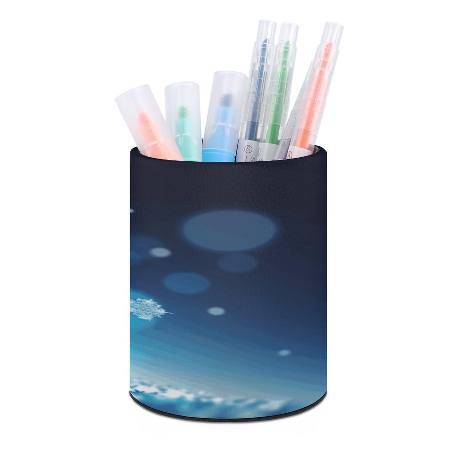 FekiLoot Blue Christmas Snowflake Pen Holder Cup Fashion PU Leather Pencil Cup Minimalist Pen Organizer Round Pencil Holder Stand Work Locker Accessories for Decoration Desk Office Home