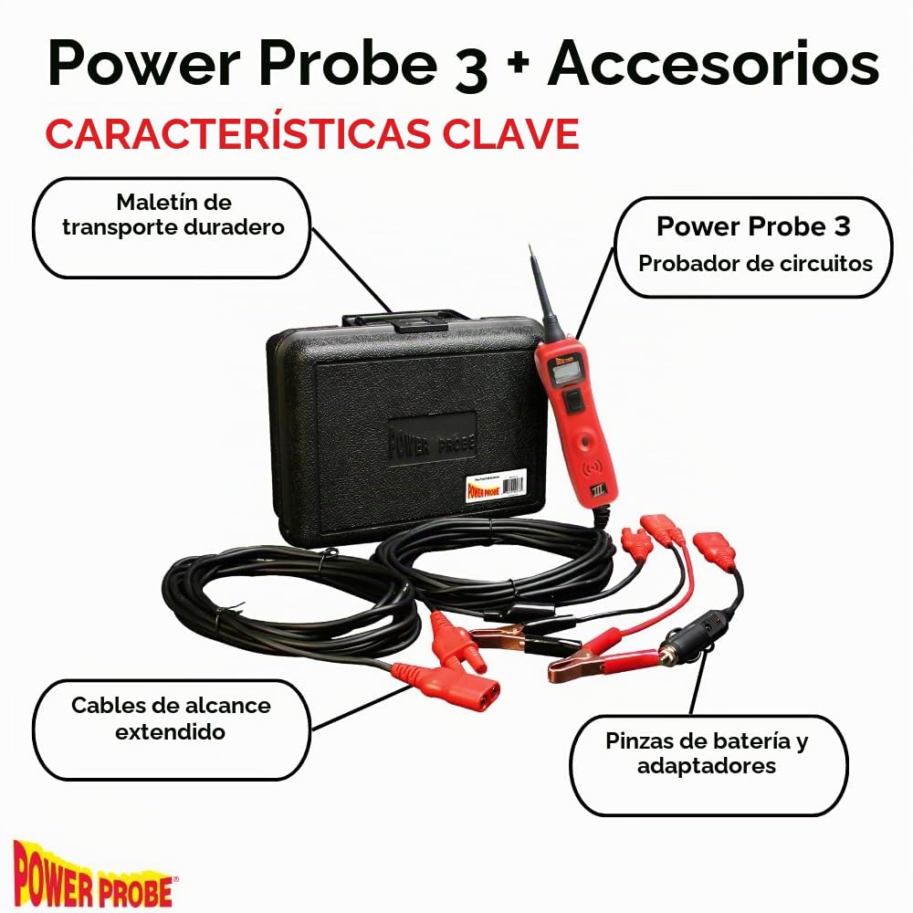 Power Probe 3 PP319FTCRED Kit Comprobador de Circuitos Coche | Voltímetro 12V 24V DC, Inyeccion de Potencia y Masa, Cable 6m mas Alargador 6m, Adaptador de Mechero, Maletin