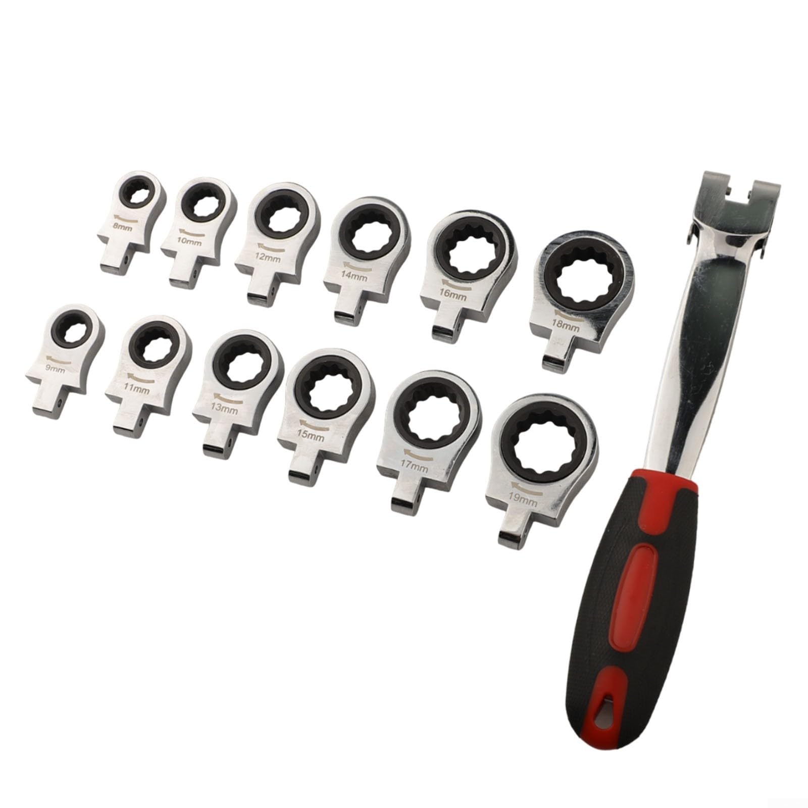 Set di 12 chiavi combinate a cricchetto con testa intercambiabile con manico in metallo, 8-19 mm, per officine meccaniche professionali
