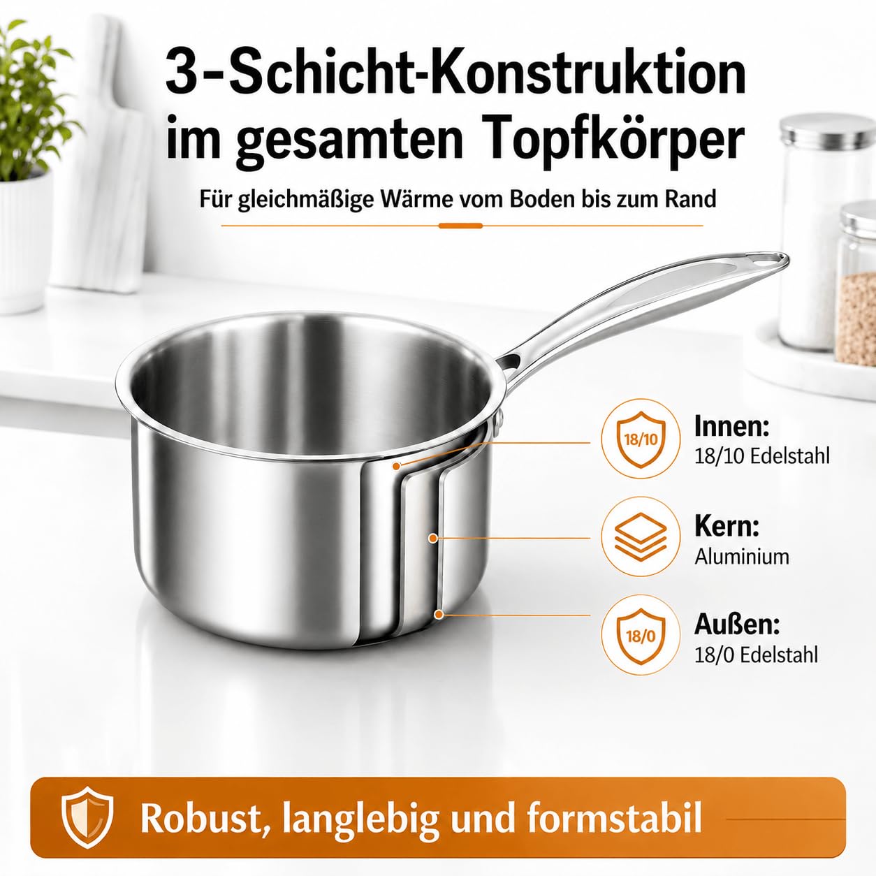 DELARLO Stielkasserolle 16 cm, 1,9 L Kochtopf mit Glasdeckel | Durchgehend 3-lagige Konstruktion, Gleichmäßiges Erhitzen, für alle Herdarten, Kühlbleibender Griff & Spülmaschinenfest
