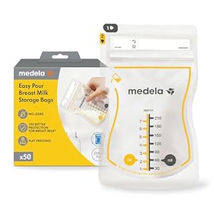 Medela Easy Pour – Bolsas de almacenamiento de leche materna | 50 unidades de 210 ml | Bolsas desechables a prueba de fugas para leche materna con protección de leche | Reciclables y sin BPA