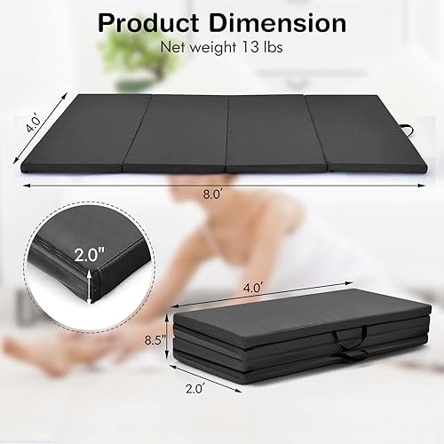 Miniatura 6 de GYMAX Colchoneta de gimnasia, 4 x 8 x 2 pulgadas, plegable, gruesa, con asas de transporte y costuras resistentes, cubierta de piel sintética
