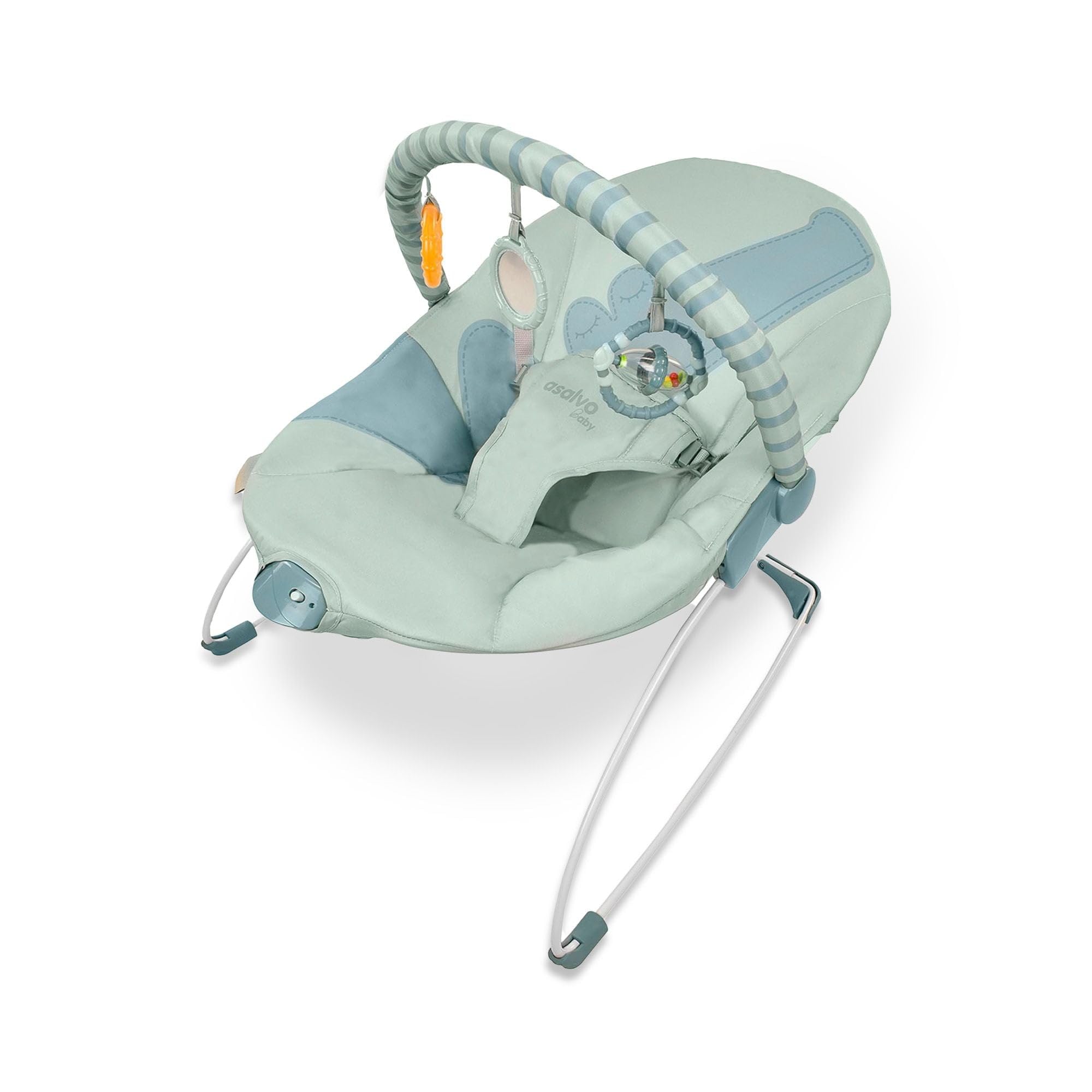 Asalvo MUMMY Hamaquita Musical desde el nacimiento, Balancín para bebés, Plegado Compacto, Reclinable con una sola mano, Movimiento natural, Arco con juguetes, Fácil de limpiar, Coco Celeste