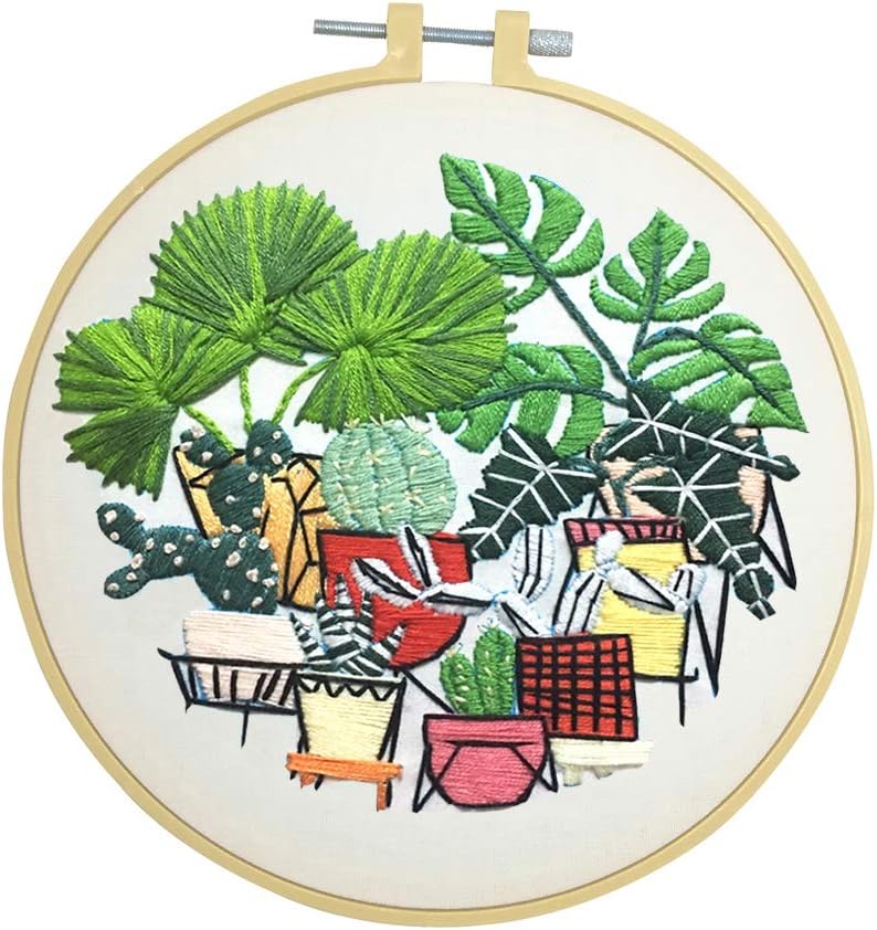 Guwheat Full Set of Embroidery Starter Kit, Hand-Made Embroidery Kits for Beginners Including Patterned Embroidery Cloth, Plastic Hoop,Color Floss,Tools Kit (20cm Potted Plant)