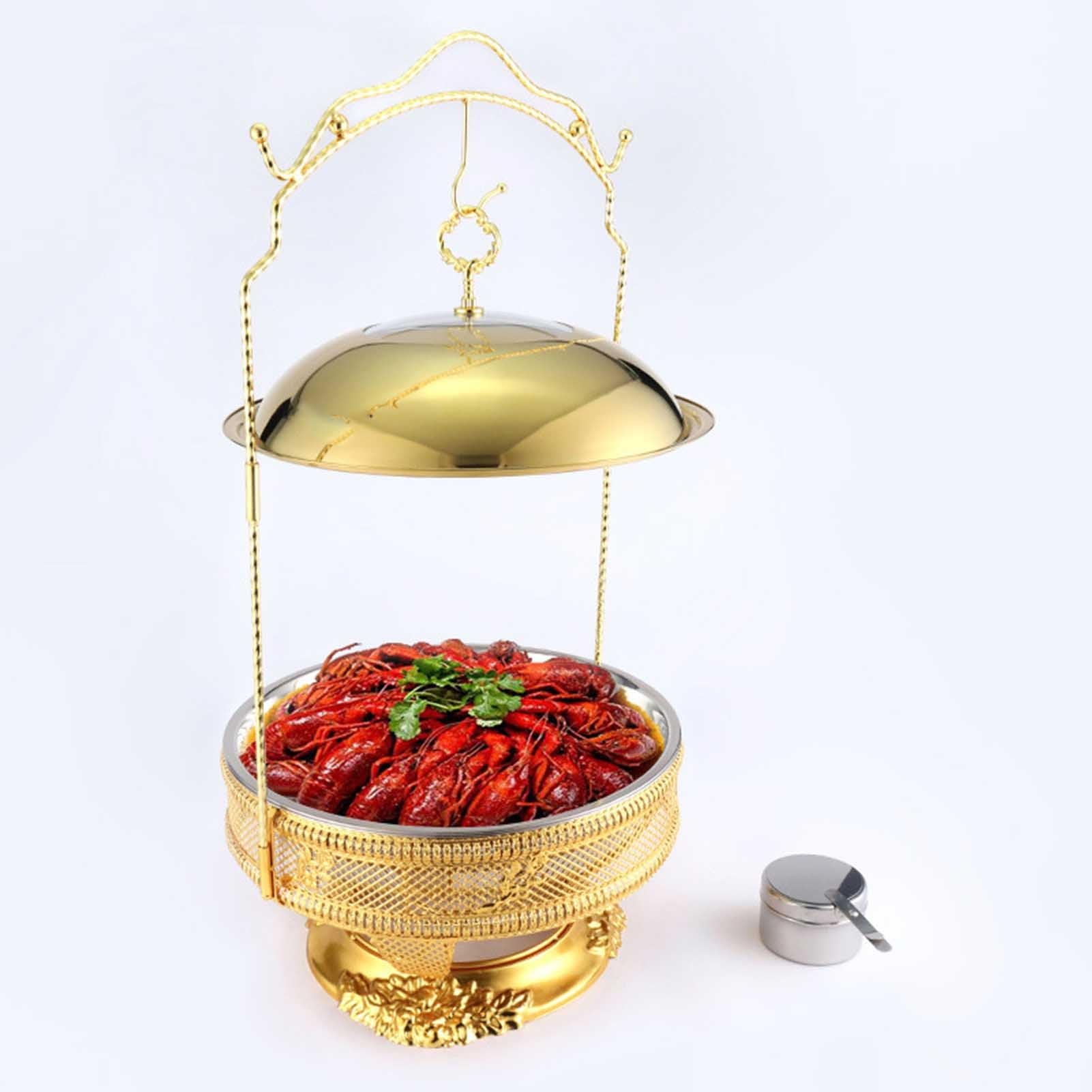 Juego de platos de roce, calentadores redondos de acero inoxidable para fiestas, elegante acabado dorado, ideal para catering y eventos, incluye 3 fundas abatibles, duraderas y fáciles de limpiar
