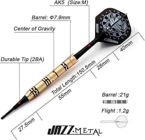 Miniatura 2 de CUESOUL Jazz - Juego de dardos de punta suave de 0.67 oz con 6 vuelos integrados de plástico AK5 y 36 puntas de plástico para tablero de dardos