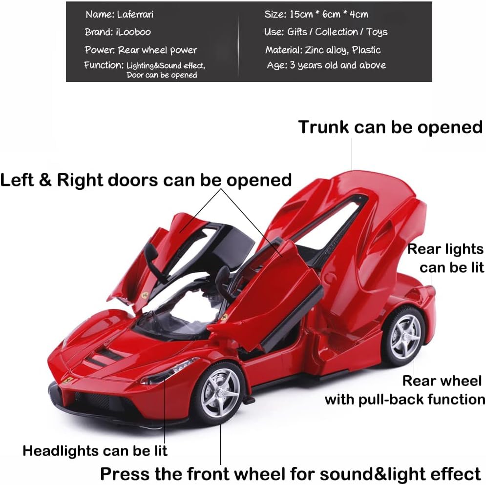 Image of Diecast Toy Car Sports Model Car Zinc Alloy Simulation Casting LaFerrari Pull Back Vehicles,1:32 Scale Supercar Toys with Lights and Sound for Toddlers Kids Children Boys Girls Gift (red)