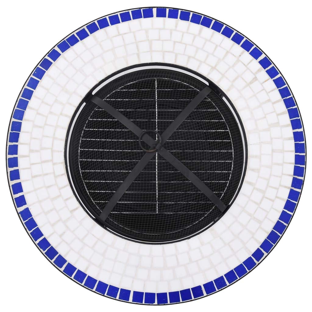 Mesa de fuego de 68 x 68 x 60 cm, mosaico de cerámica, color azul y blanco, con protección contra chispas, atizador, jardín, terraza, barbacoa