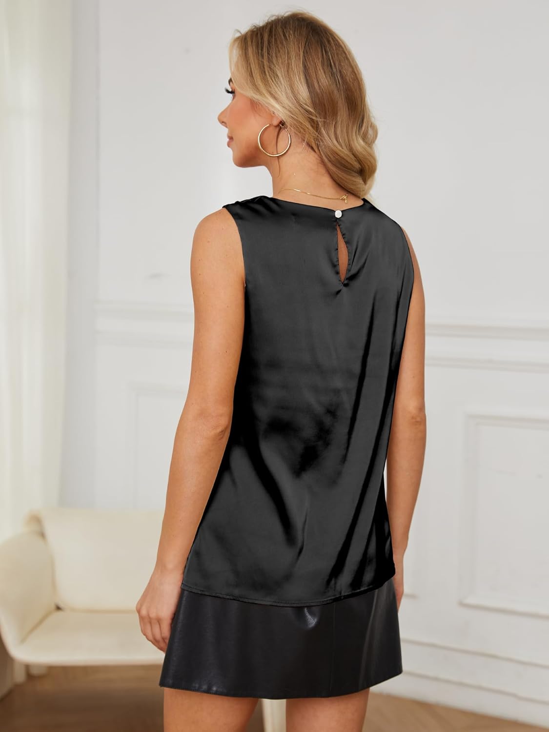 Womens Silk Satin Tank Tops Crew Neck Casual Cami Sleeveless Camisole Blouses Summer Tank Shirt Back Closure - Image 2