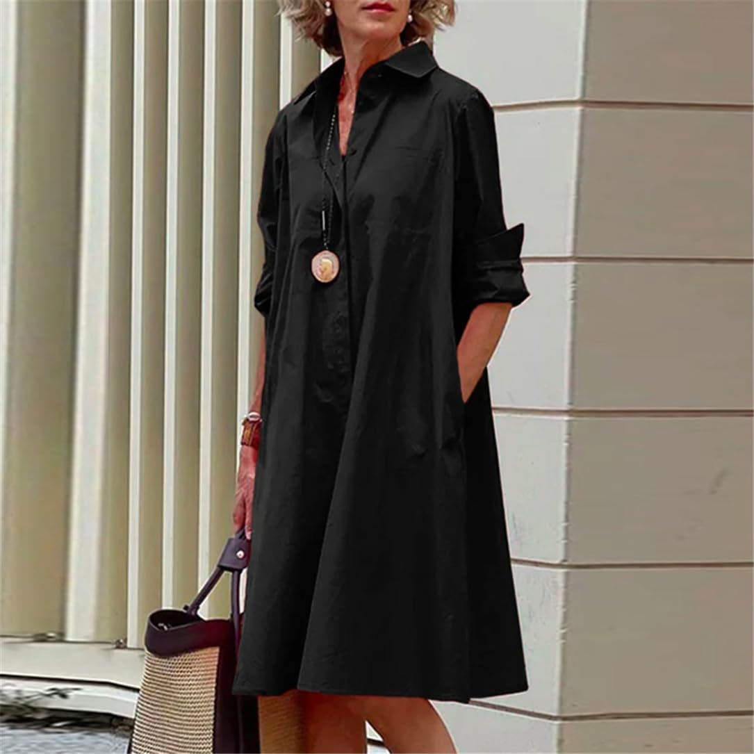 Damska sukienka koszulowa z długim rękawem, jednokolorowa, wywinięty kołnierz, kieszonkowa, streetwear