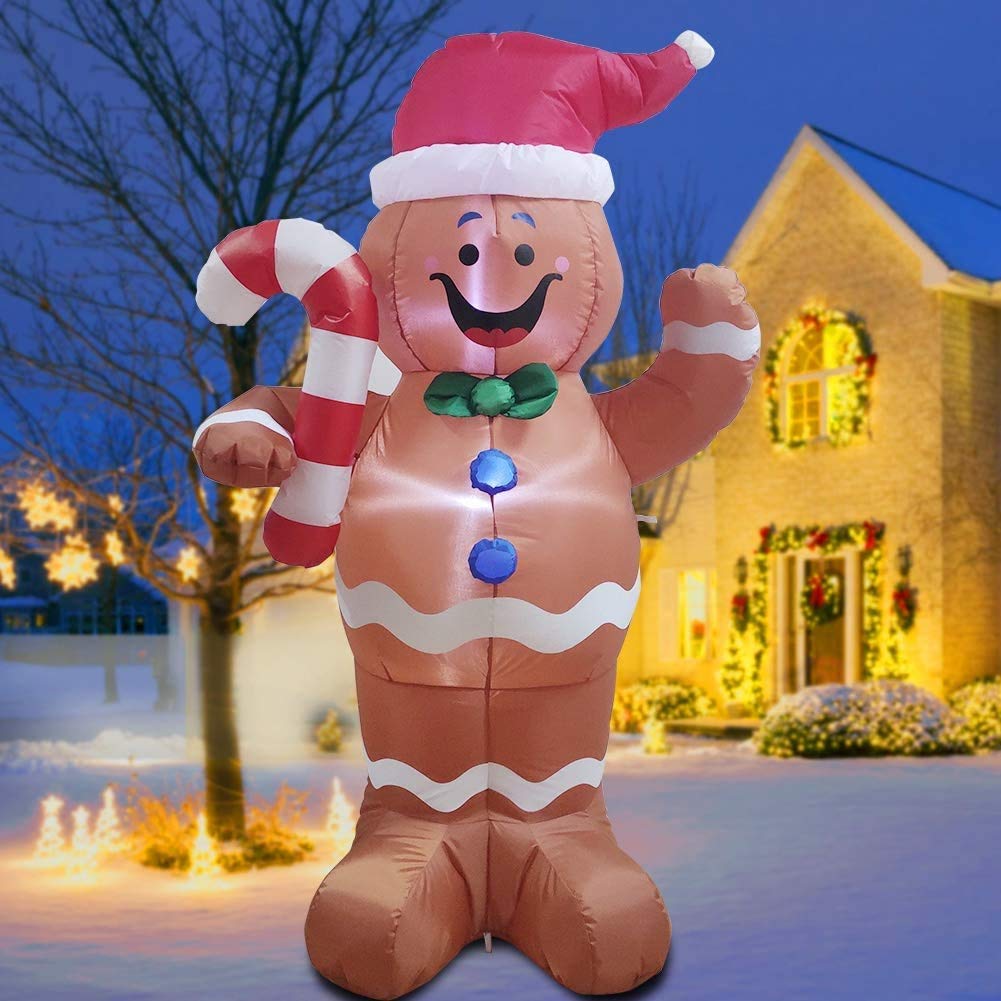 Joiedomi Décoration de Jardin Gonflable en Pain d'épices de Noël, 1,5 m, éclairage LED, Bonhomme en Pain d'épices Auto-Gonflable avec Sucre d'orge, Parfait pour fête de Noël, intérieur ou extérieur,