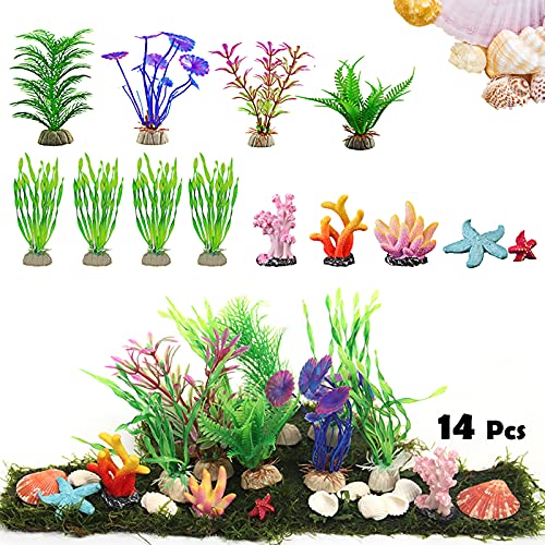 Artificial Aquarium Plastic Plants Decoration, Artificial Fish Tank Aquatic Plants, Fish Bowl Decorations, Non-Toxic, Safe for Fish, Suitable for Home and Office Fish Tank Accessories 14PCS