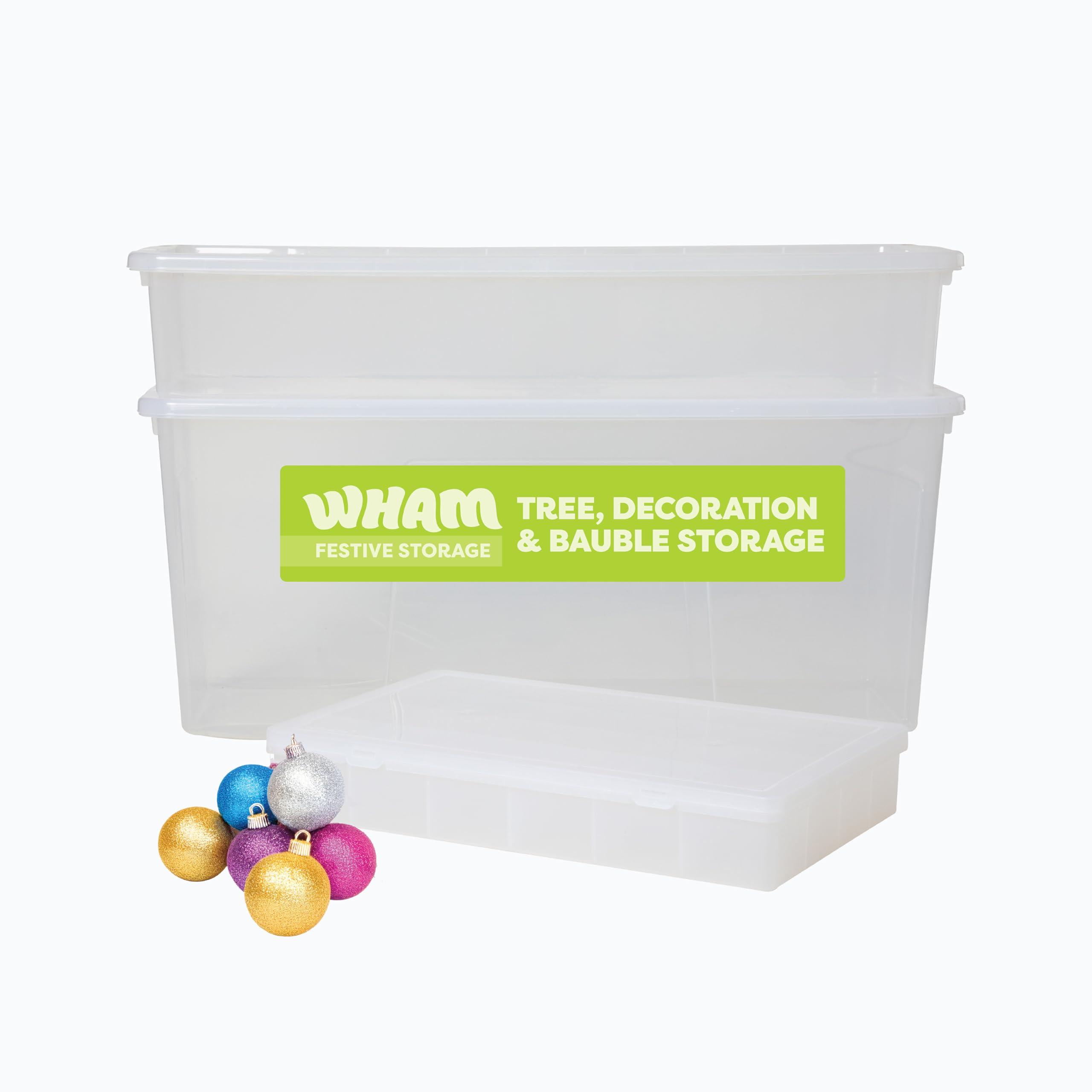 Wham Clear Festive 3-Piece Christmas Storage Set | 1 X 133L Christmas Tree, 1 X 55L Decorations Container & 1 X 24-Compartment Bauble Box | Stackable & Nestable | Made In Uk