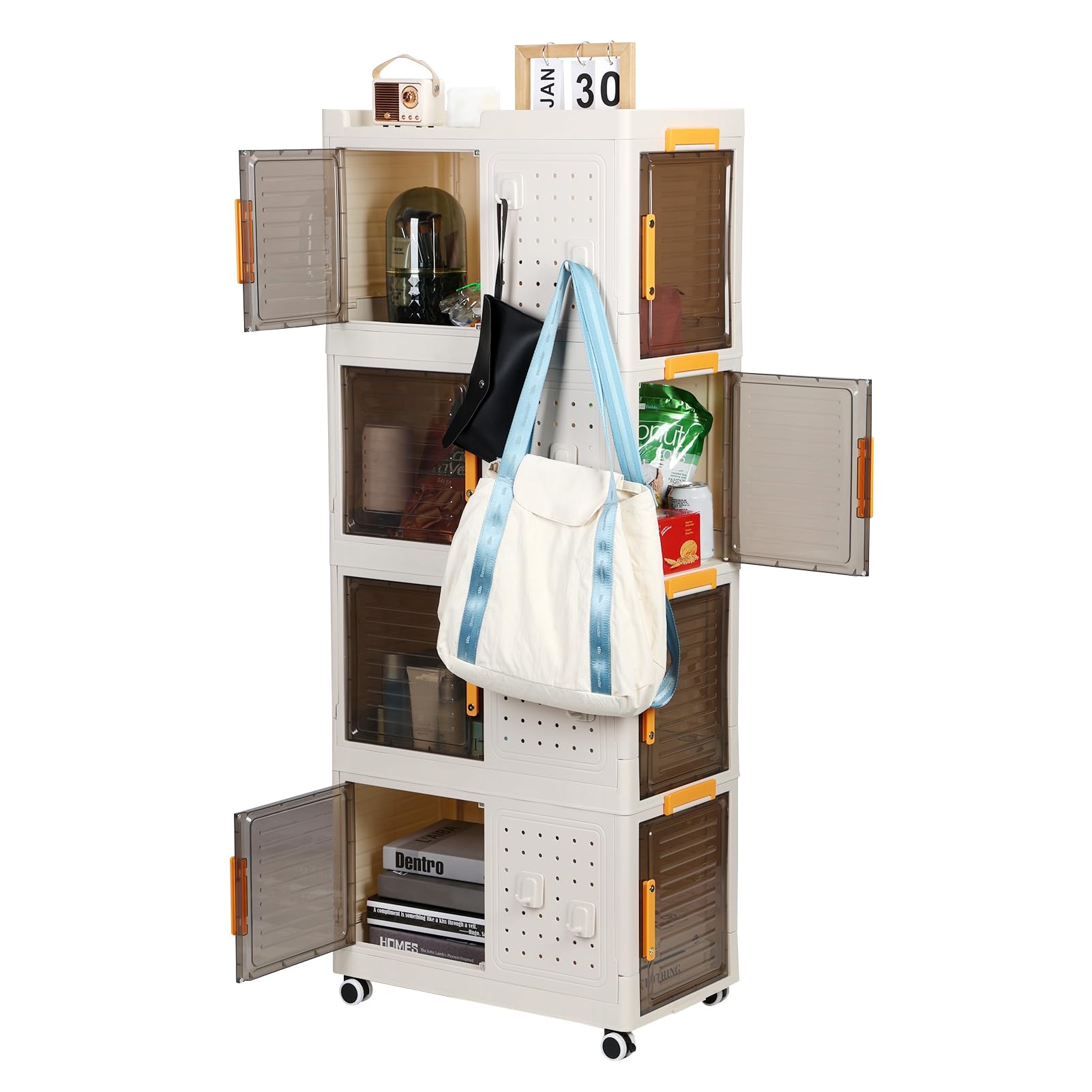 Wilitto 4 Tier Storage Bins,Stackable Storage Bins with Wheels Folding Storage Boxes, Collapsible Storage Bins, Closet Organizers and Storage for Living Room,Kitchen,Office,Dorm[US Warehouse] White